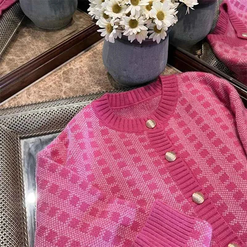 Y2k Pink Women Cardigan Korean Sweet Plaid Long Sleeve Female Sweaters Harajuku New O Neck Preppy Style Ladies Tops
