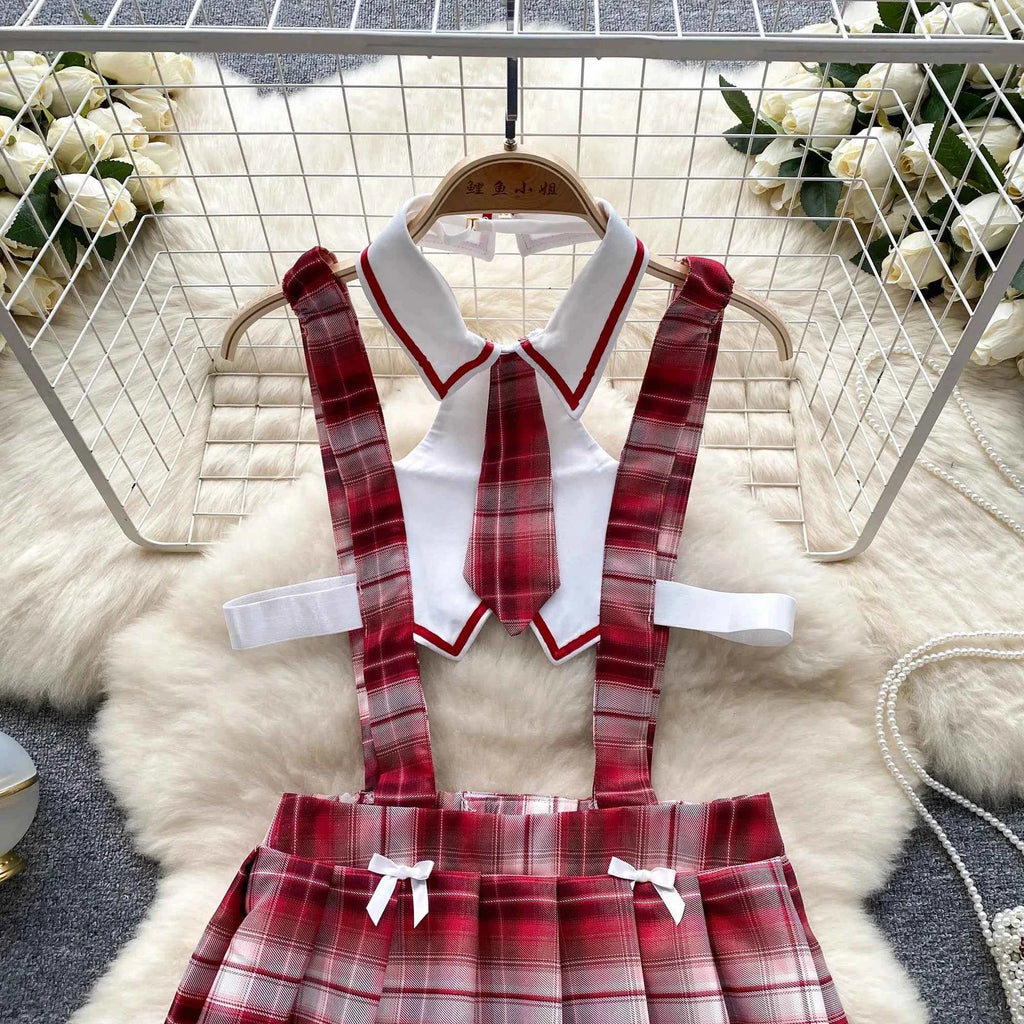 Girls Sexy Cute Japanese JK Uniform  Mini Checkered Strap Skirt Off Shoulder High Waist Elastic Cosplay Dress Hot Sweet Pajama