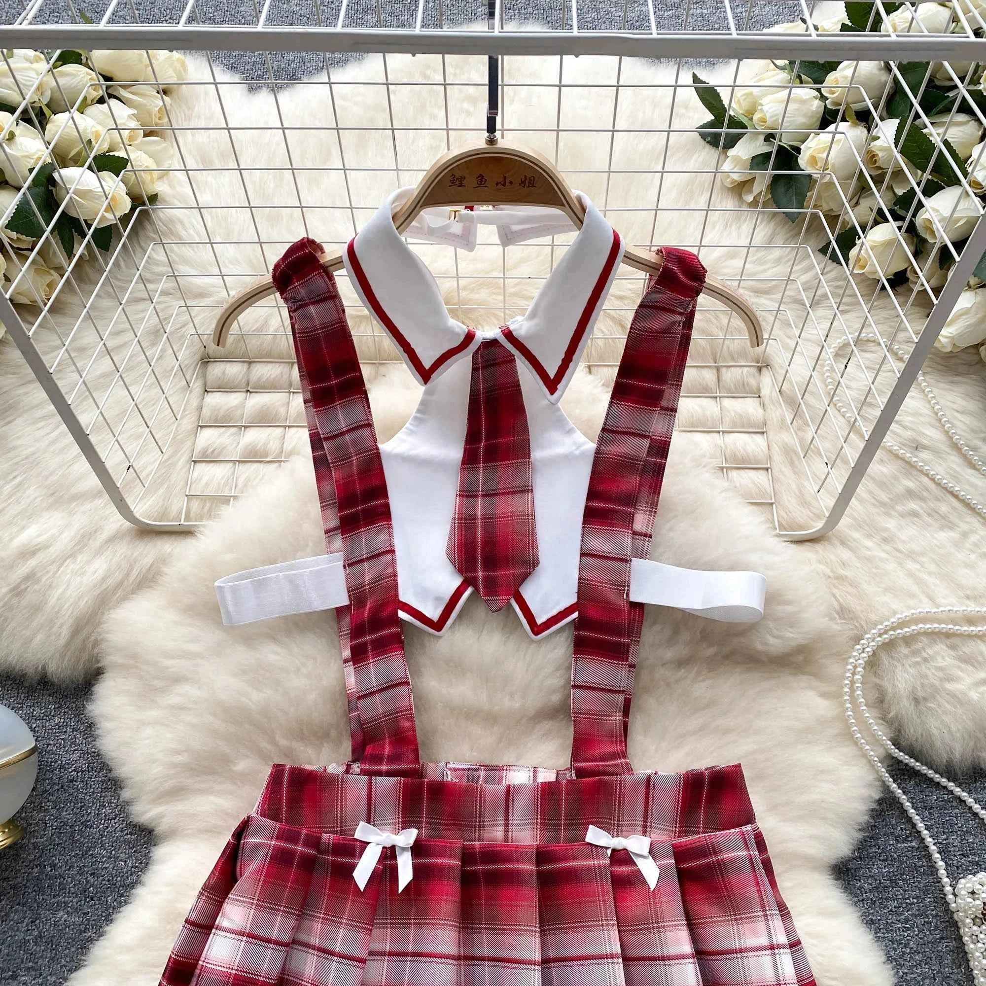 Girls Sexy Cute Japanese JK Uniform  Mini Checkered Strap Skirt Off Shoulder High Waist Elastic Cosplay Dress Hot Sweet Pajama