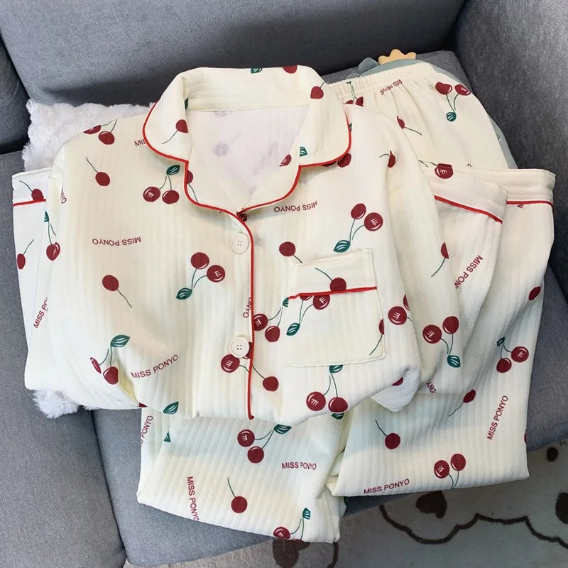 Korean Style Colourful Dot Women's Sleepwear Set 2025 Autumn Winter New Pajamas Set Cute Lapel Neck Casual Homewear 2PC Suit