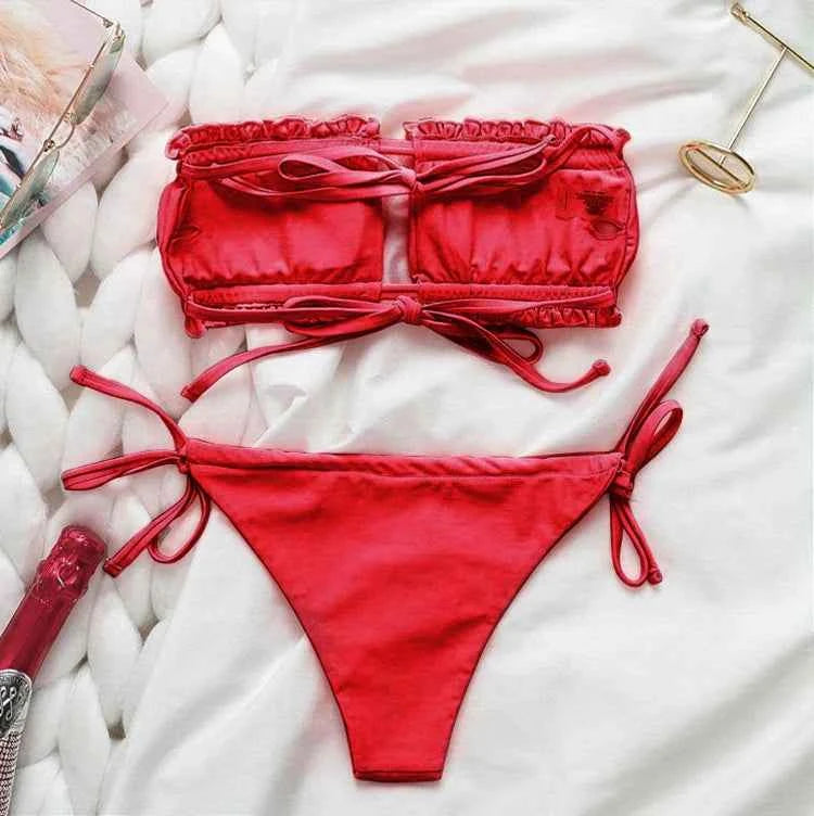 2024 Hot Lace Up Thong Brazilian Beachwear Swimwear Summer Women Biqunis Strapless Bathing Suit Leopard Swimsuit Maya Micro Mini