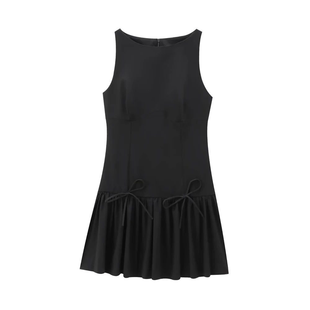 Women's Ruffled Mini Dress with Bows, O Neck, Sleeveless, Back Zipper, Female Dresses, Chic Fashion