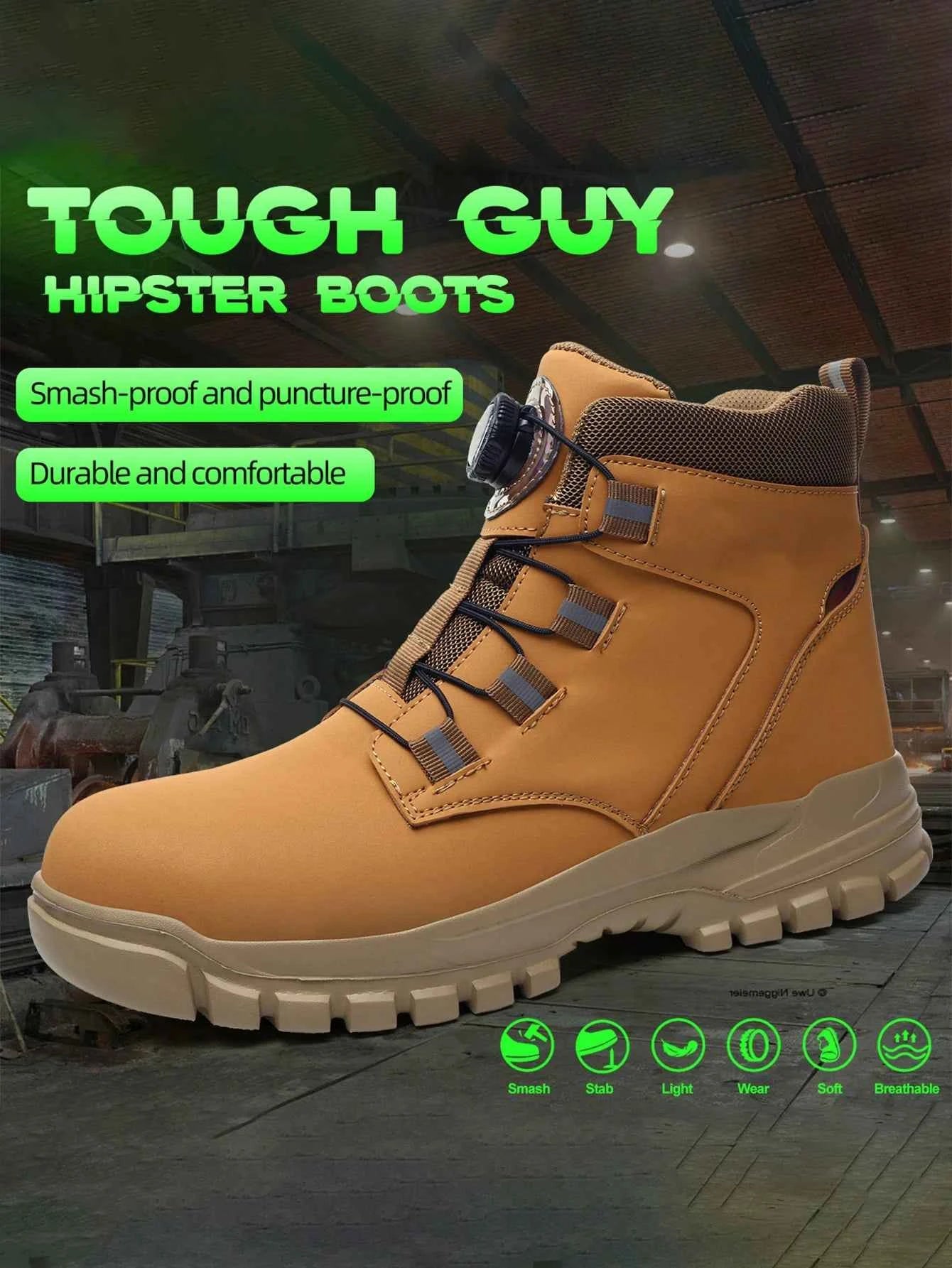Leather Non Slip Work Boots for Men Rotating Button Safety Shoes Steel Toe Sneaker Male Puncture Proof Protective Boots