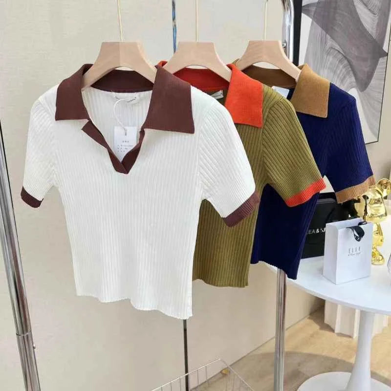 Vintage Panelled Knitted T-shirts Women V-neck French Style Slim Summer New Literary Fashion All-match Mature Elegant Ulzzang