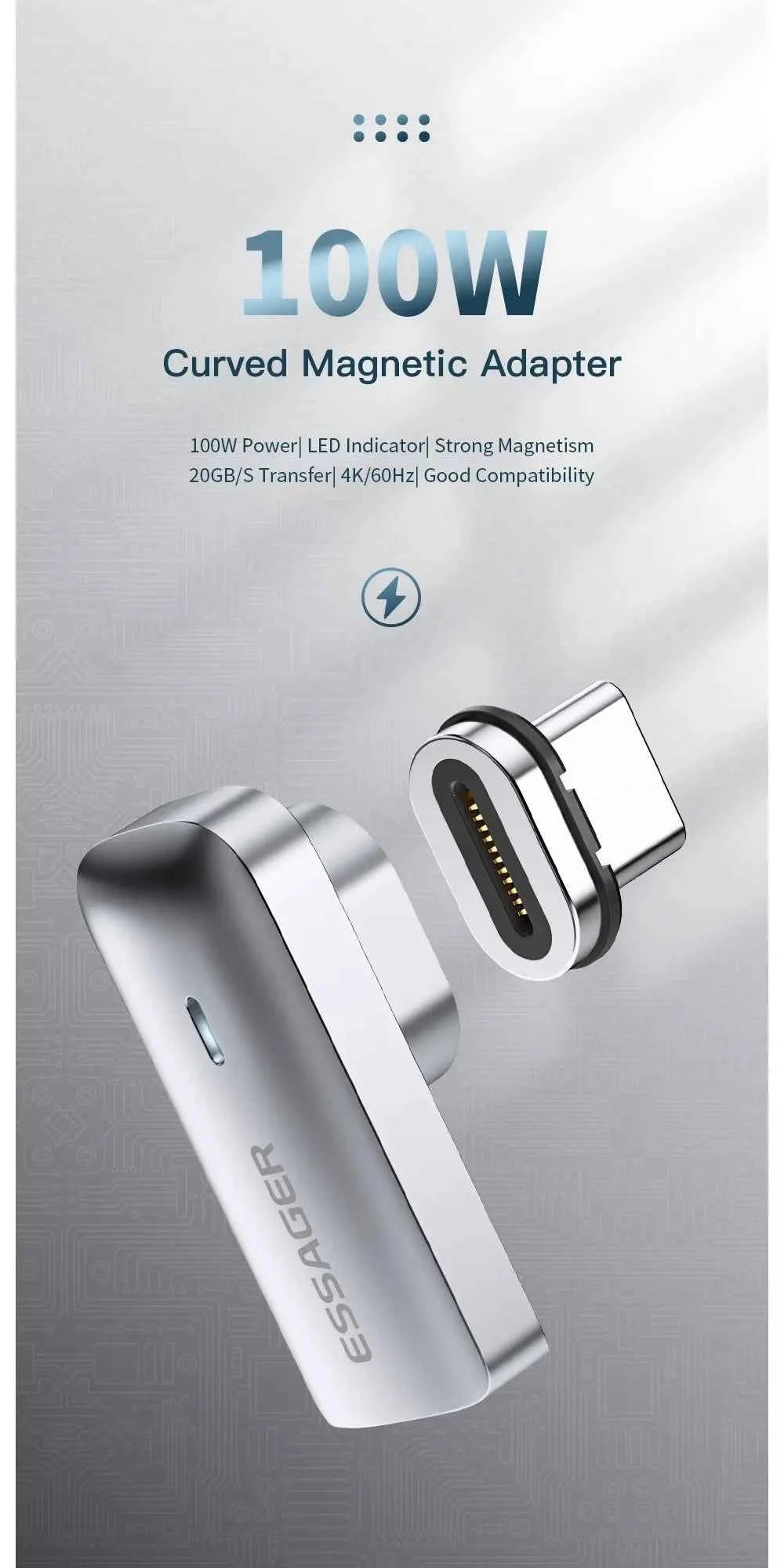 Essager PD 100W Magnetic USB C OTG Adapter Fast Charging Type C Magnet Connector 20Gbp Data Sync 4K@60Hz For Macbook Laptop