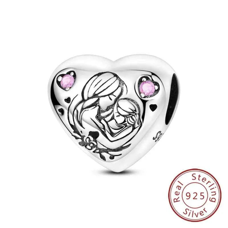 Original 925 Sterling Silver Charm Bead Mother's Day Love Heart Family Charm Bead Pendant Fits Bracelet Womens Jewelry Gifts