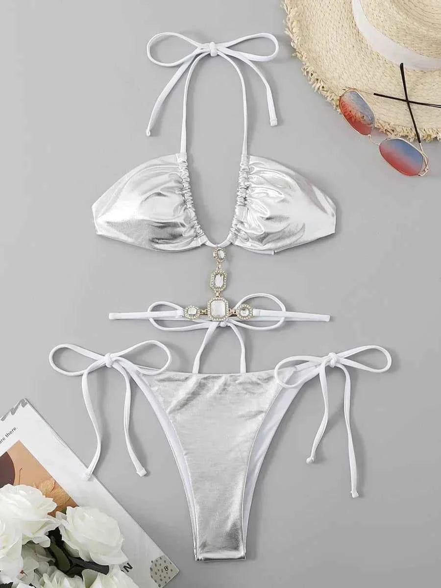 Extreme Mini Micro String Diamond Bikini Women Thong Swimwear Female Swimsuit Two Pieces Bikini Set Halter Bathing Suit Swim