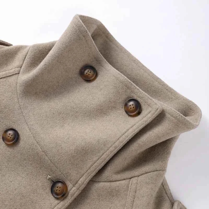 Elegant Women's Short Woolen Coats Stand Collar Double Breasted Long Sleeve Female Jacket 2025 Autumn Winter Lady Warm Outwear
