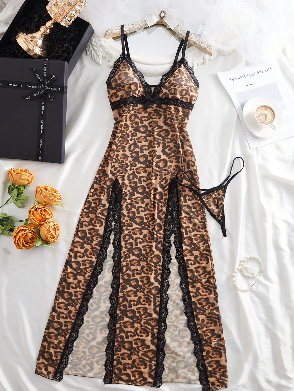 Womens Sexy Leopard Print Lingerie Sheer Mesh Nightgown Erotic Sleepwear Double High Slit V Neck Spaghetti Strap Lace Trim Dress