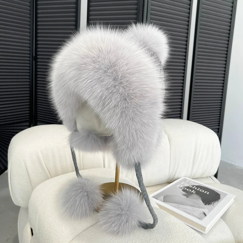 Winter Women Real Fox Fur Hat Fashion Casual Outdoor Warm Knitted Hats Girl Lovely 100% Natural Fox Fur Ear cap bomber caps