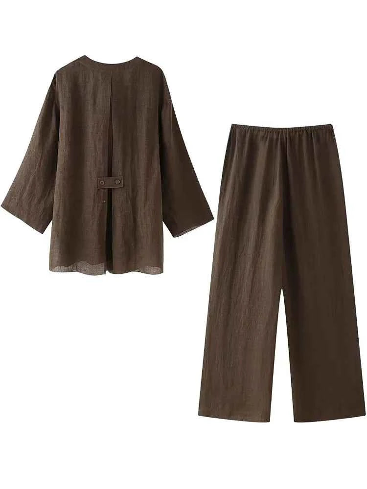 Willshela Women Fashion 2 Piece Set Solid Lace Up Shirts & Vintage Elastic Waist Trousers Feamle Chic Lady Pants Sets