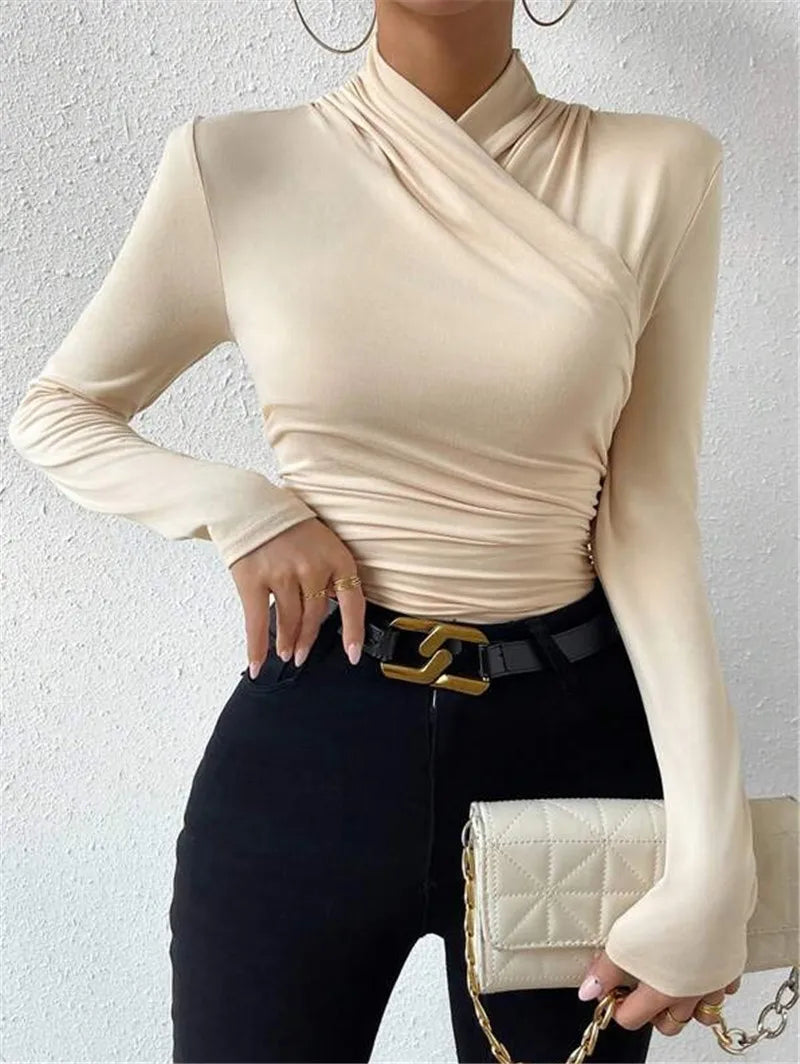 Women's Clothing Autumn Winter Tshirts New Design Cross Neckline Versatile Pleated T-shirt Comfortable Fashion Slim Fit Sexy Top