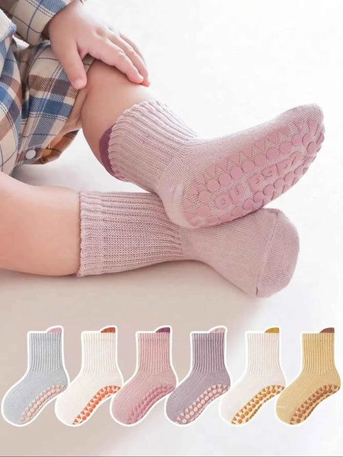 6 Pairs of Baby Floor Socks, Newborn Non-Slip Dotted Socks, All-Season Baby Loose-Top Cartoon Soft-Soled Indoor Socks for Girls and Children