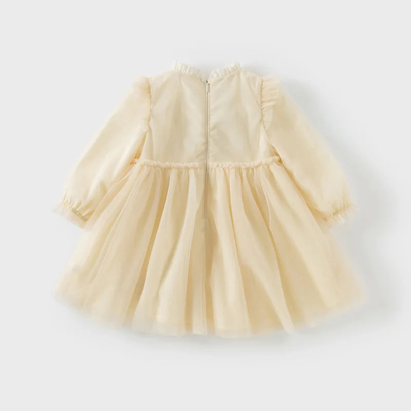 Dave Bella Princess Dress for Girls Baby Children 2025 Spring Long Sleeved Charm Mesh Embroidery Floral Gentle Cute DB1250434