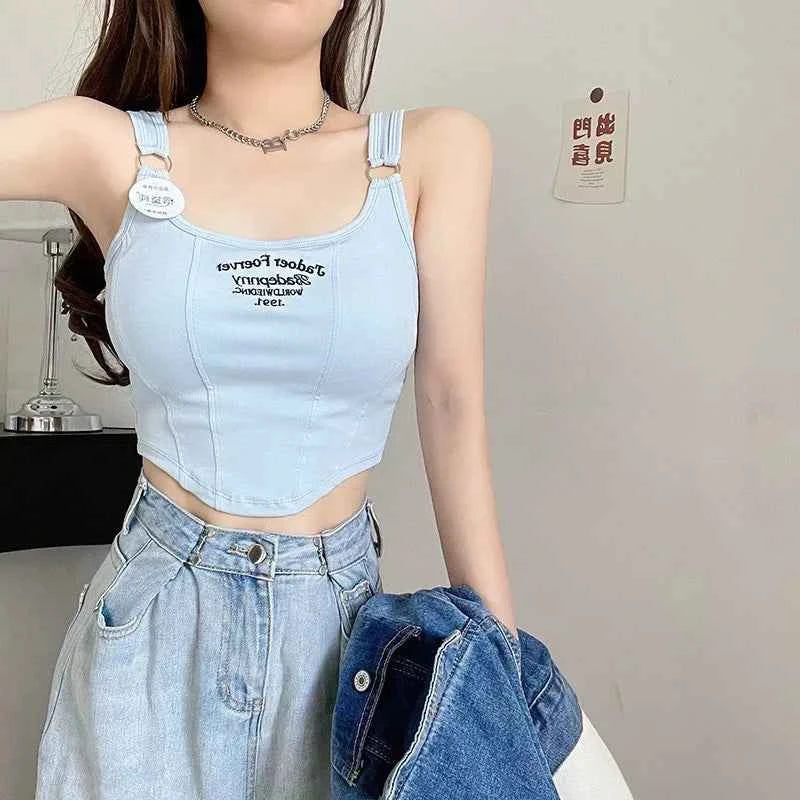 Women Crop Top Summer Y2K Lrregular Hem Slim Tank Tops Casual Sexy Female White Streetwear Letter Tank Tops With Pad Woman