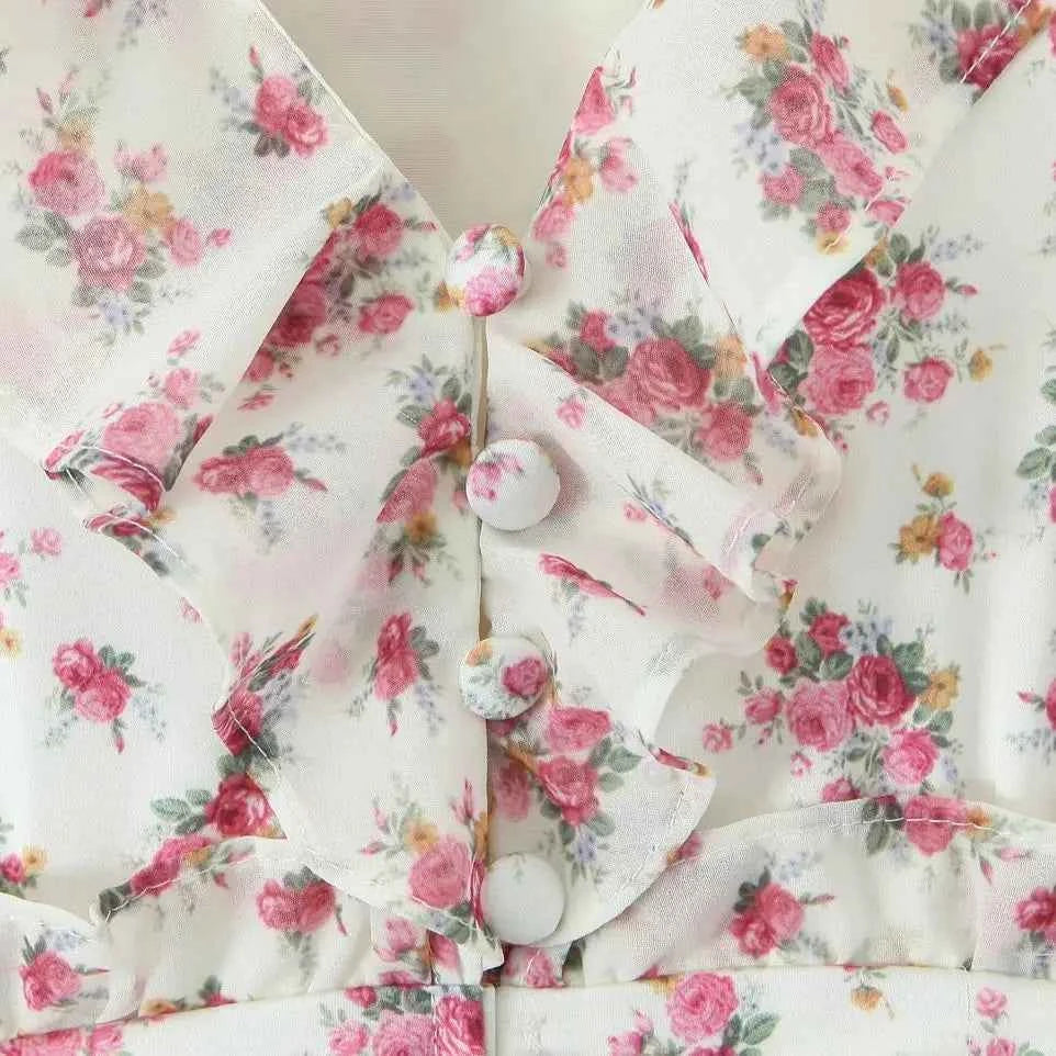 2025 Women White Pink Flower Print Puff Long Sleeve Dress Open Buttons Wood ears Ruffles Hem Mini Shirt Dresses Holiday Robe