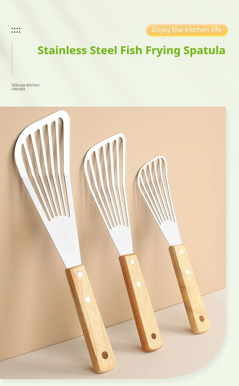 1PC Stainless Steel Fish Frying Shovel with Wooden Handle Fan-shaped Shovel Household High-temperature Frying Shovel