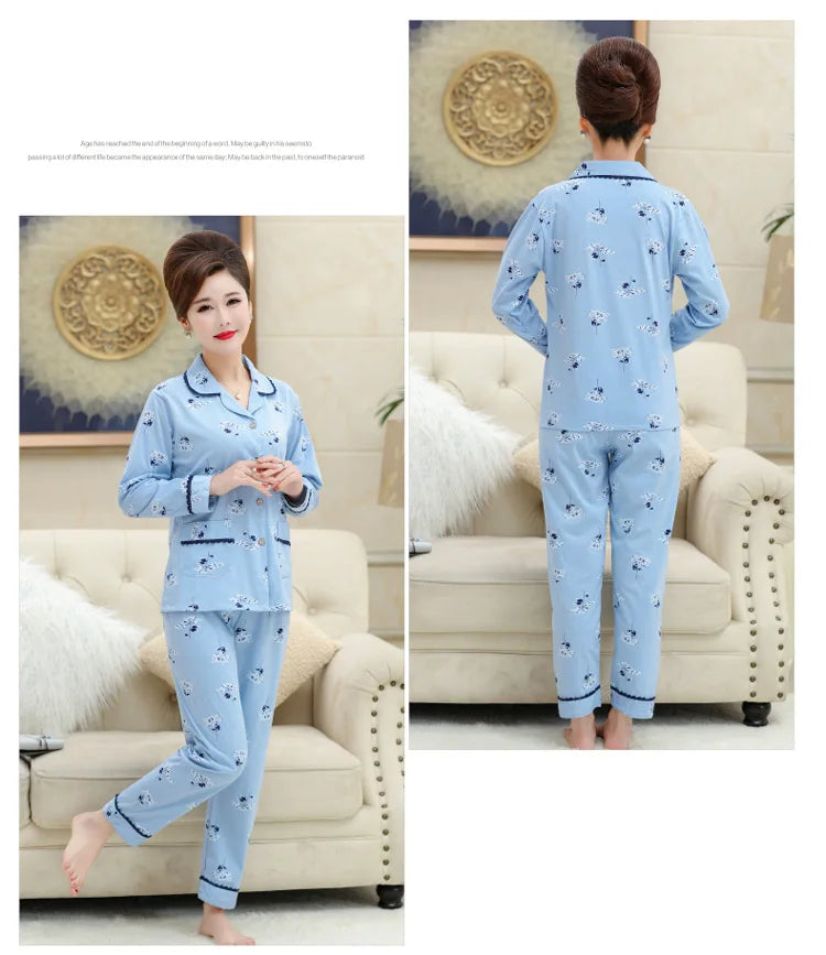 100% Pure Cotton Long Sleeve Sleepwear Set for Elderly Women Spring Summer Autumn Home Clothes Outwear Comfortable Home Suit