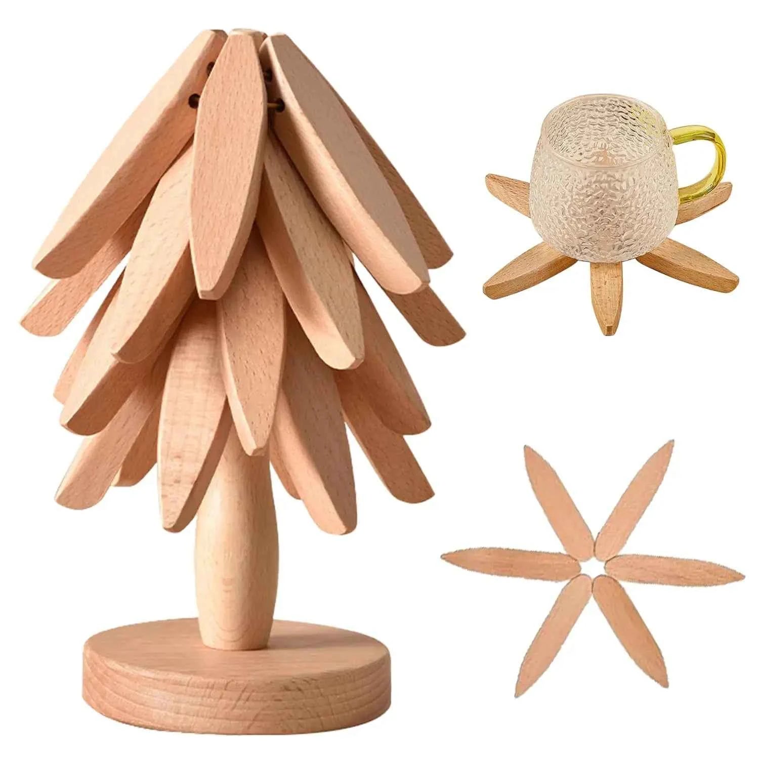 Tree Shape Wooden Trivet Set 4 Trivets + 1 Stand for Hot Dishes Natural Foldable Kitchen Trivet for Pot Bowl Teapot Hot Pot Hold