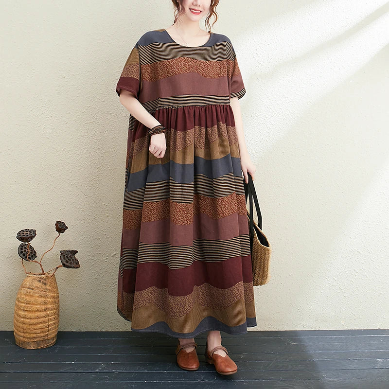2026 New Summer Cotton Linen Short Sleeve Vintage Striped Print Dresses For Women Long Fashion Dress Elegant Vestidos Robe Femme