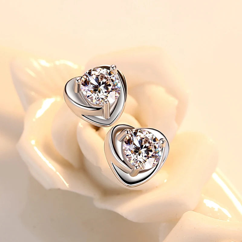 Genuine 925 Sterling Silver Fshion Jewelry Crystal Heart Stud Earrings For Women New XY0208