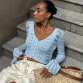 Trendix Summer Knit Long Sleeve Cardigan For Women V Neck Solid Bodycon Hollow Out Short Tops Party Club Slim Vacation Top Femme