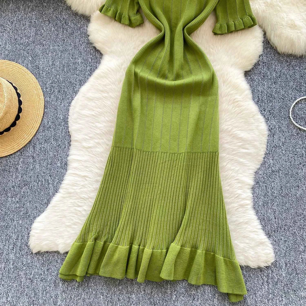SINGREINY Summer OL Knit Dress 2025 Women V Neck Button Design Slim Mermaid Sundress Fashion Elastic Solid Bohemian Long Dress