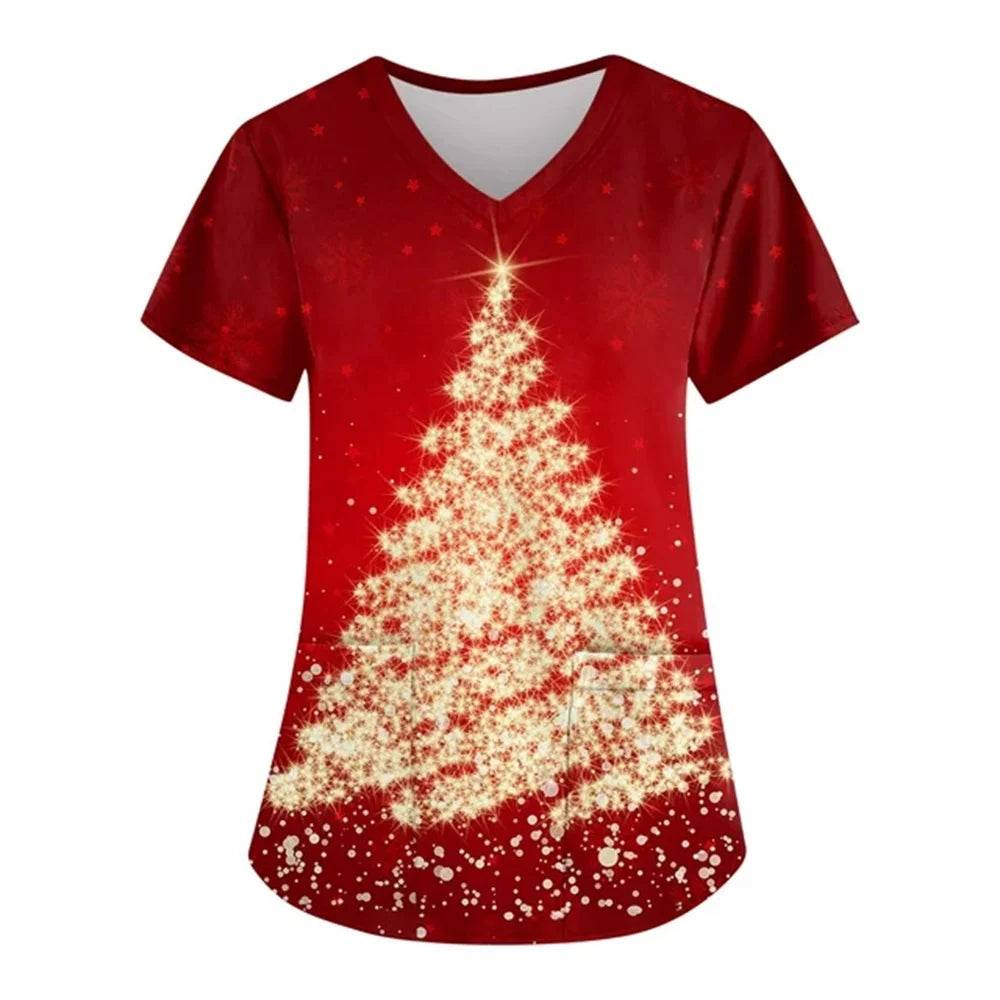 Womens Christmas Nurse T Shirt Print Short Sleeve V Neck Workwear With Pocket Working Nurse Work Wear Overalls Medical Uniforms