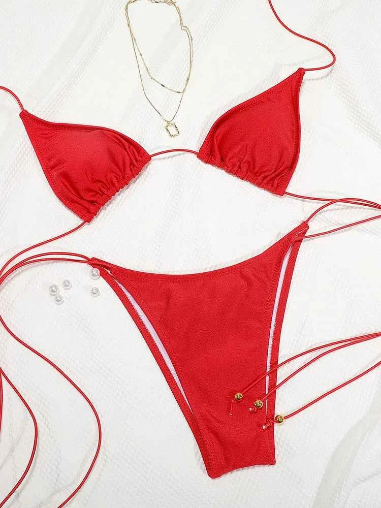 Sexy Triangle Swimsuit Tie Bikini Push Up Women Swimwear High Cut Bathing Suit Brazilian Biquini Sexy Solid Bandage Beachwear