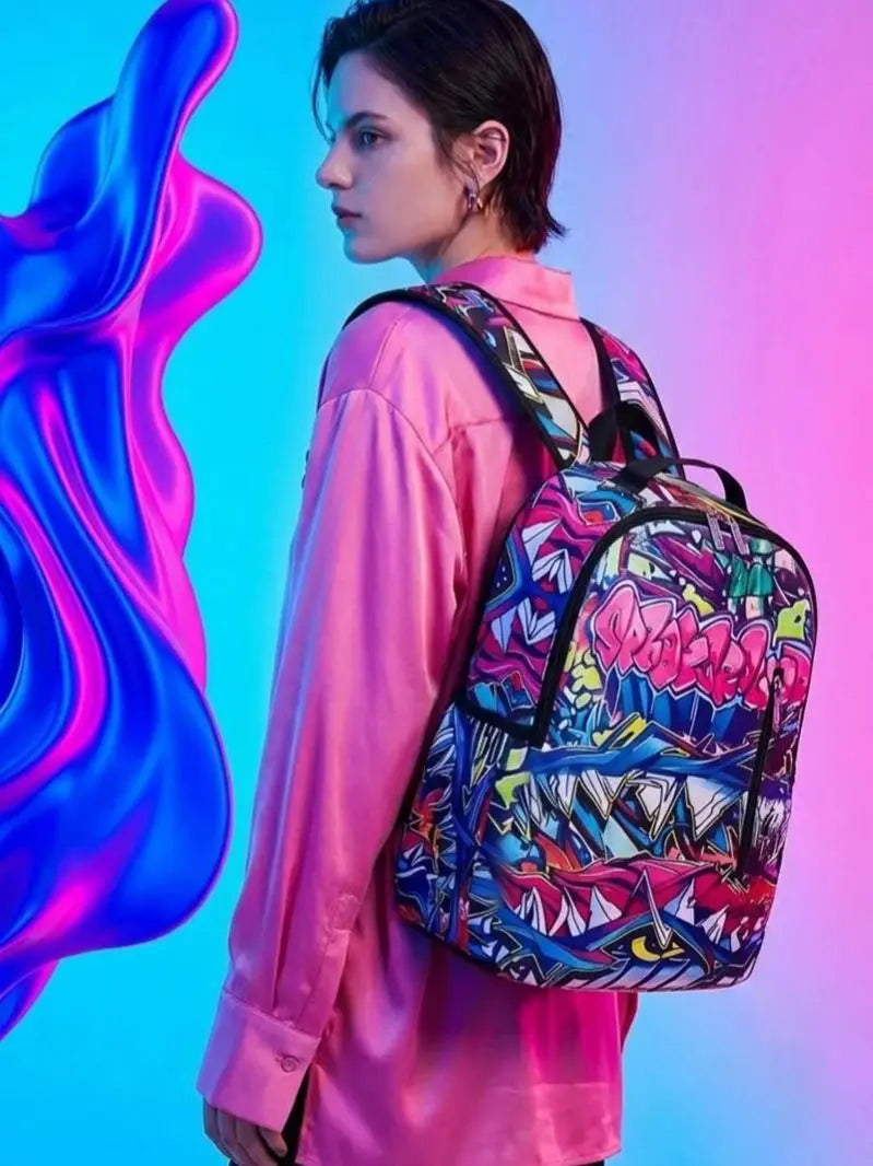 A Hip-Hop Street-Style Backpack with Spray-Painted Ground Motifs for Men, a New Trendy Lightweight Printed Backpack with a Checkered Pattern, Also a Fashionable Outdoor Commuter Bag, Large-Capacity Travel Bag, Multifunctional