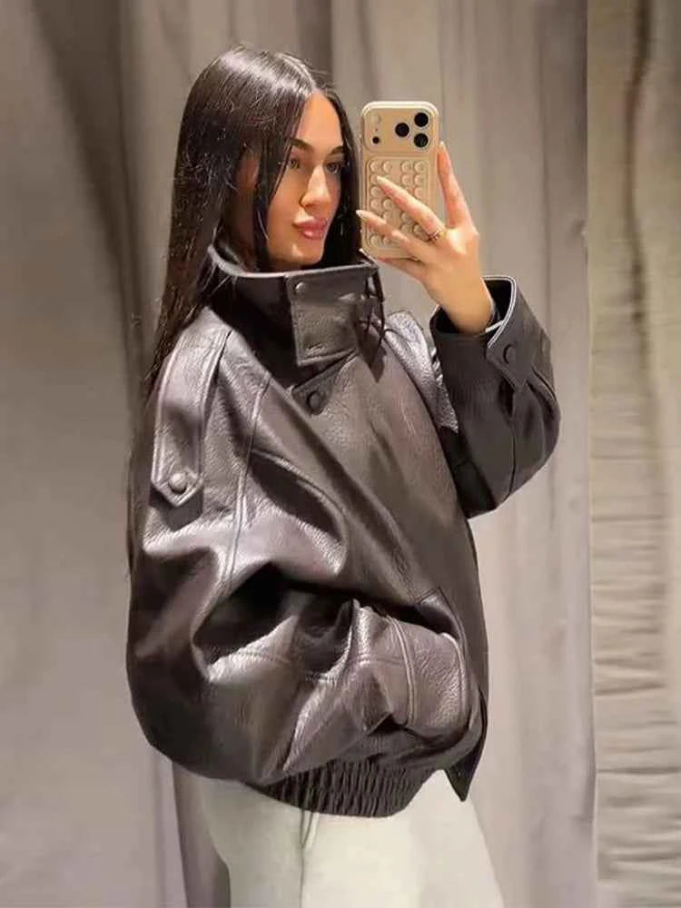 Vintage PU Leather Women's Jacket Stand Collar Zipper Button Coats Female Long Sleeve Outerwear Spring Lady Street Jackets