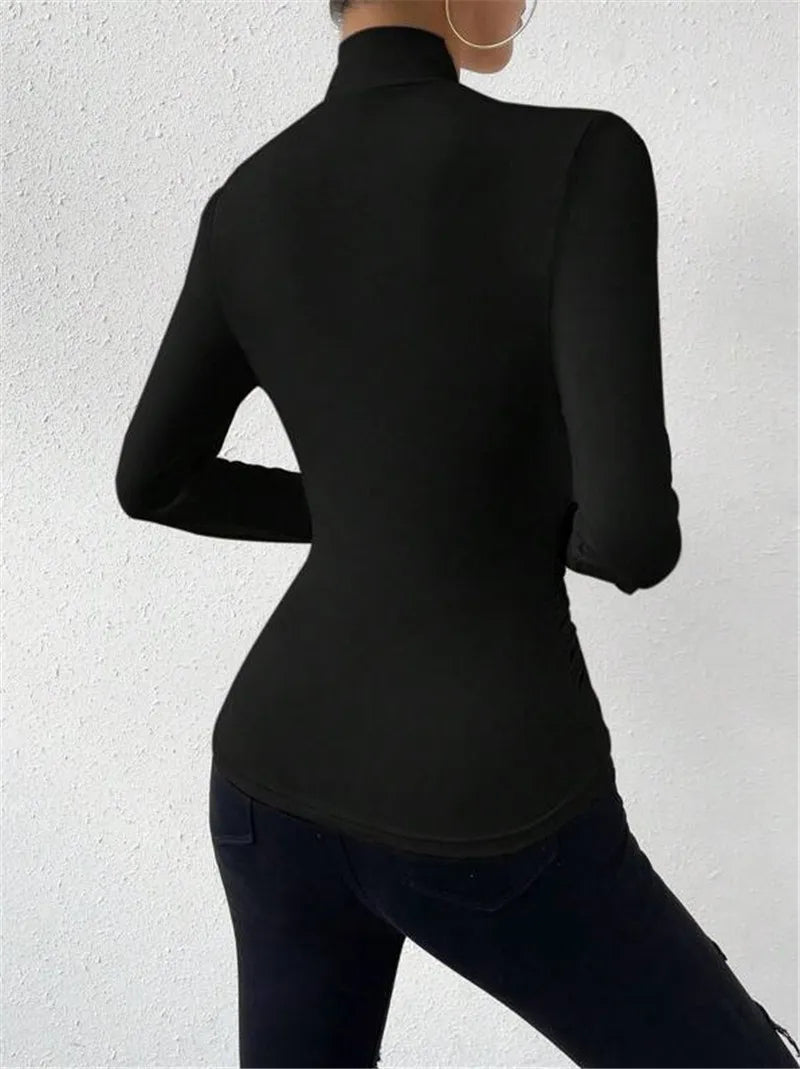Women's Clothing Autumn Winter Tshirts New Design Cross Neckline Versatile Pleated T-shirt Comfortable Fashion Slim Fit Sexy Top