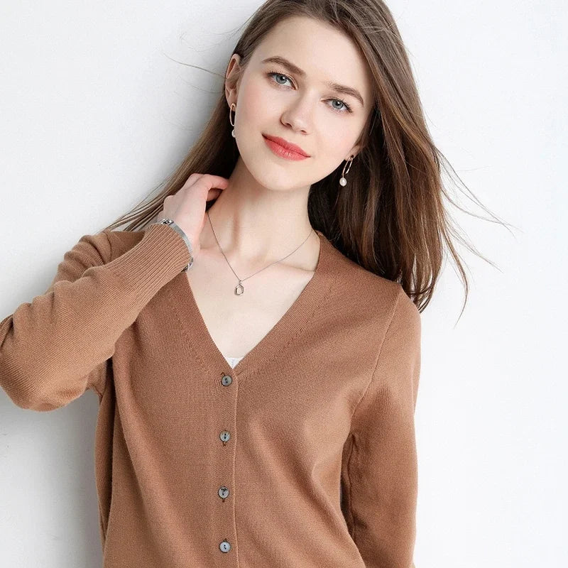 Women Cardigans V-neck Long Sleeve Knitted Outerwear Solid Thin Spring Autumn Sweaters Knitwears Korean Fashion Red Cardigans