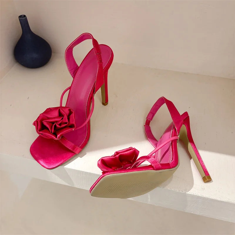 Liyke Summer Square Toe Slip On Back Strap Sandals Women Fashion Red Rose Flowers Designer High Heels Ladies Shoes Size 35-42