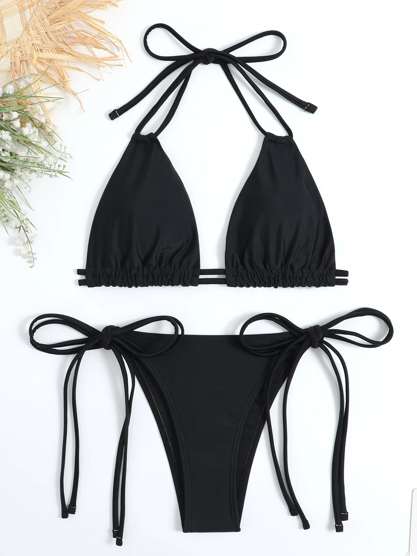 2025 Sexy Solid Bandage Bikini Halter Strappy Swimwear Women Swimsuit Female Two Pieces Bikini Set Low Waist Bathing Suit Bather