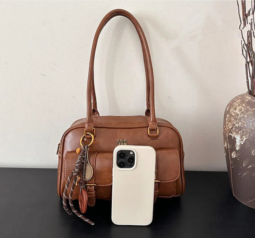 Women Multi Pocket Shoulder Tote Bag with Golden-Tone Hardware & Letter, Stylish Handbag Purse for Travel, Work, Shopping, Dates