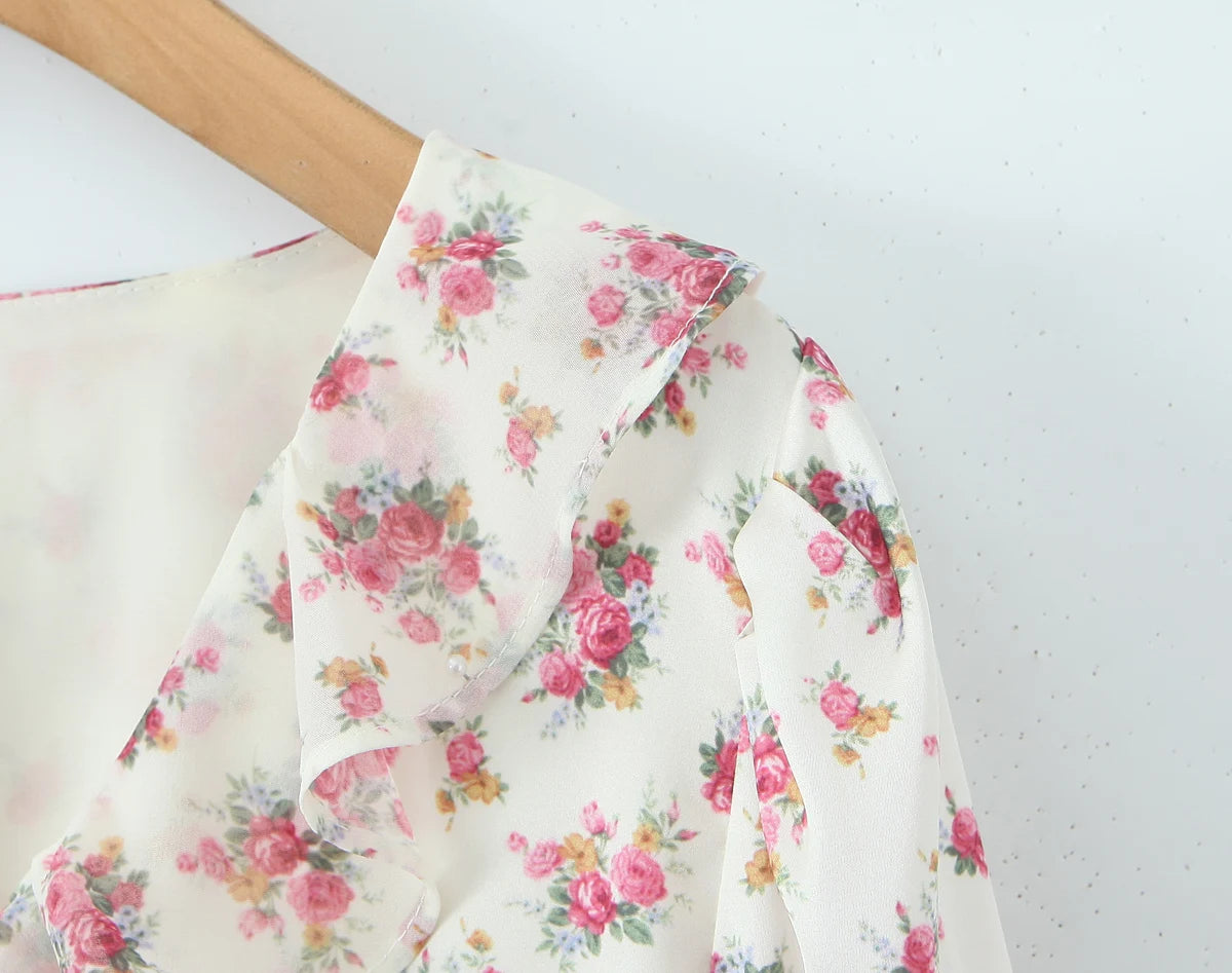 2025 Women White Pink Flower Print Puff Long Sleeve Dress Open Buttons Wood ears Ruffles Hem Mini Shirt Dresses Holiday Robe