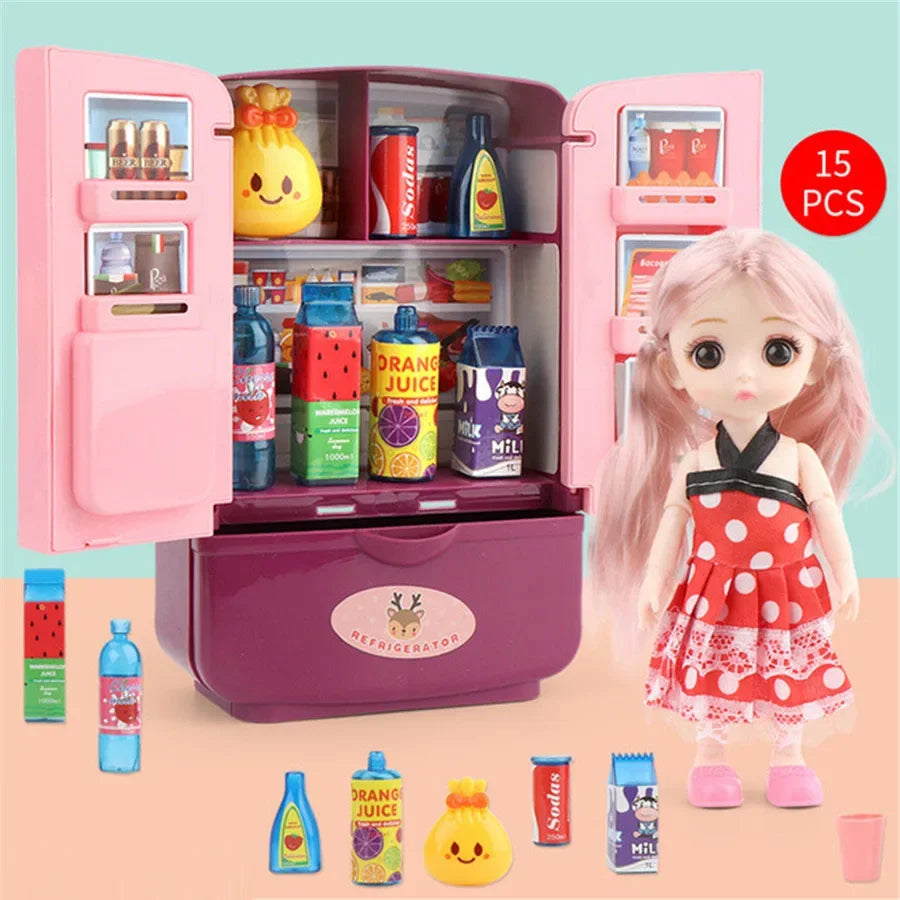 Kids Toy Fridge Mini Double Door Refrigerator Baby Toys Furniture Simulation Pretend Play Kitchen Toys Accessories Role Play