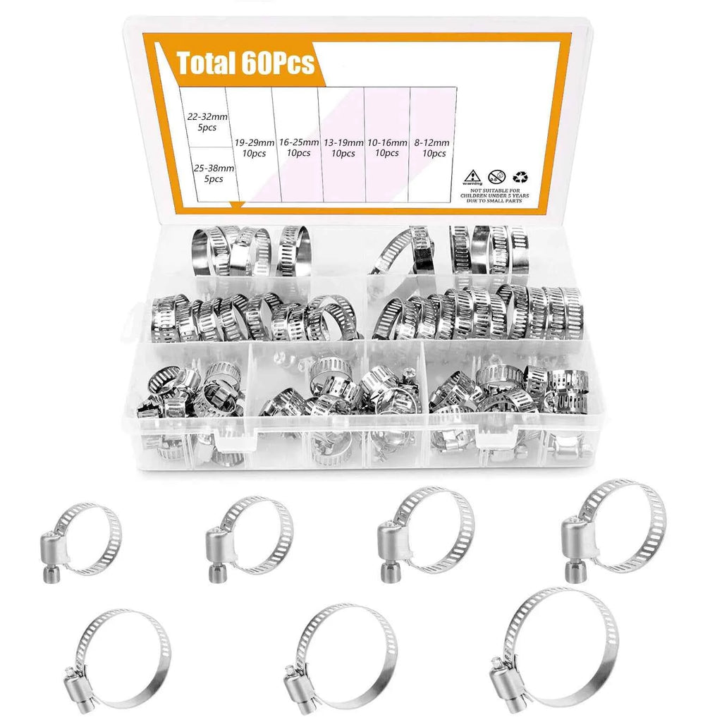 60pcs 8-38mm Adjustable Stainless Steel Screw Band Hose Clamps Car Fuel Hose Clamps Pipe Clamp Worm Gear Clip Hose Clamp