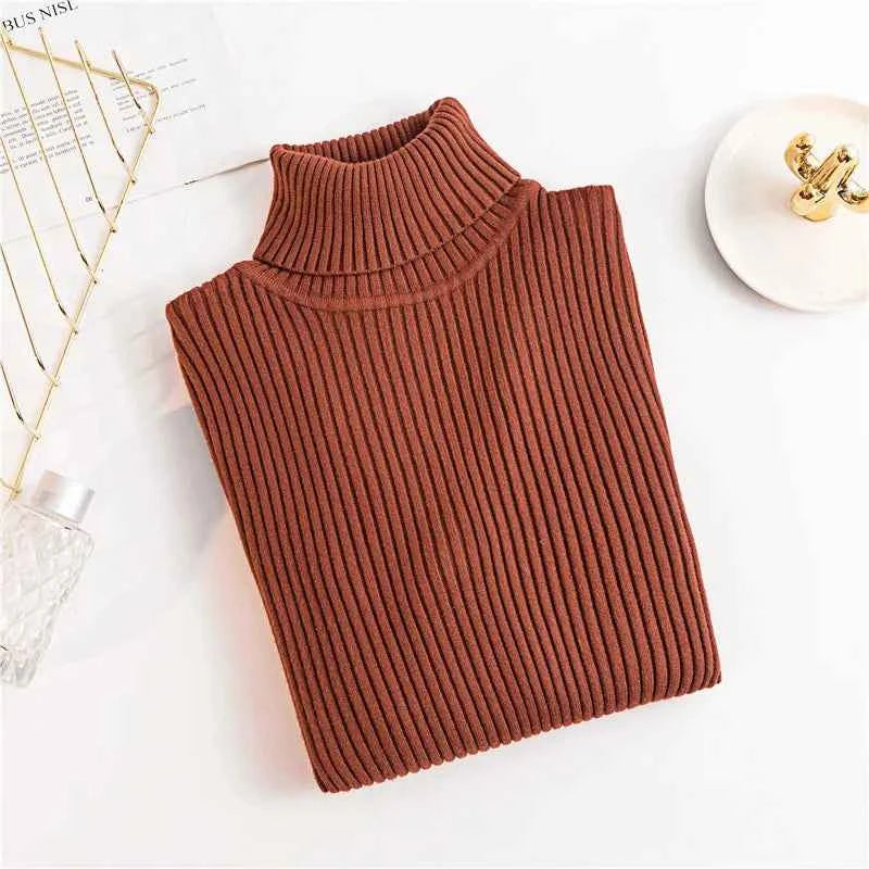 2026 Autumn Winter Women Long Sleeve Knitted Foldover Turtleneck Ribbed Pull Sweater Soft Warm Femme Jumper Pullover Clothes