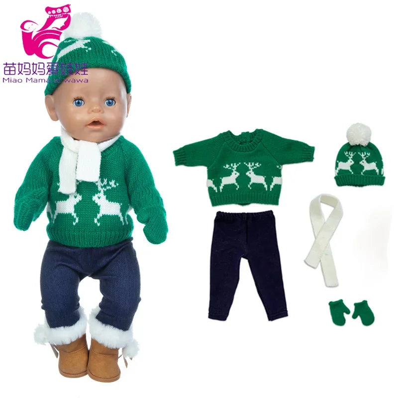 18 Inch Baby Doll Winter Clothes Set Crochet Sweater Scarf Hat Gloves New Year Apparel for 43 Cm Girl Dolls