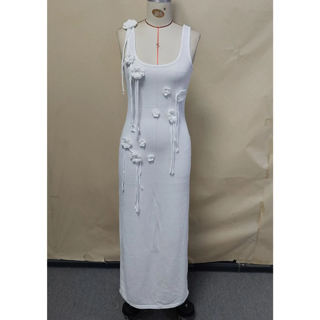 Beachwear Cover-ups Knitted Beach Dress Women Vacation Fashion 3D Flower Slim Holiday Outfits Summer Maxi Party Dresses V6181