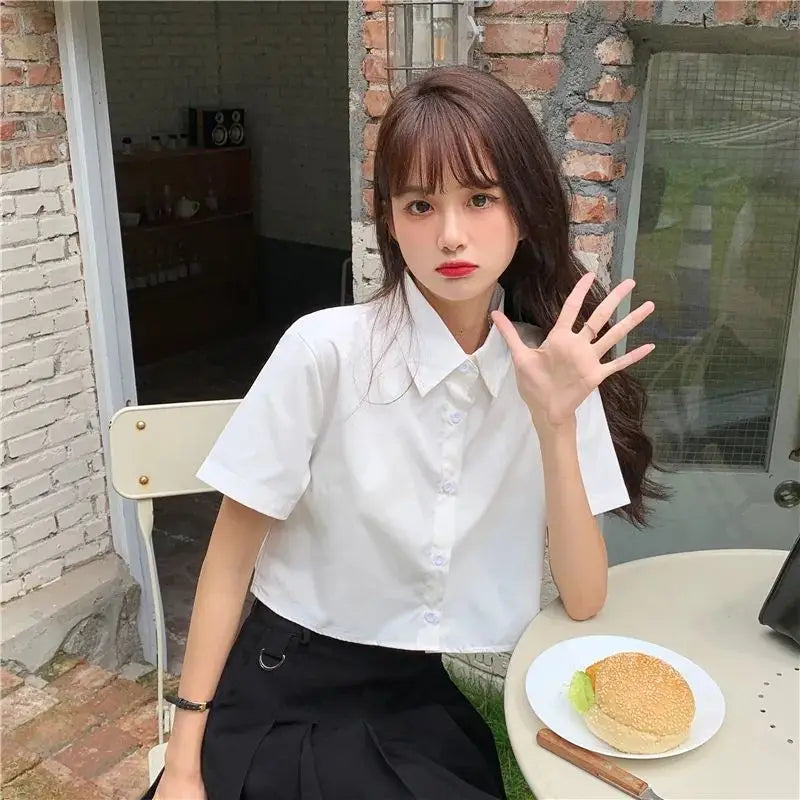 Oversize Cropped White Shirt Women Summer Short Sleeve Polo Neck Button Down Basic Short Sleeve Shirts Korean Female Blouses