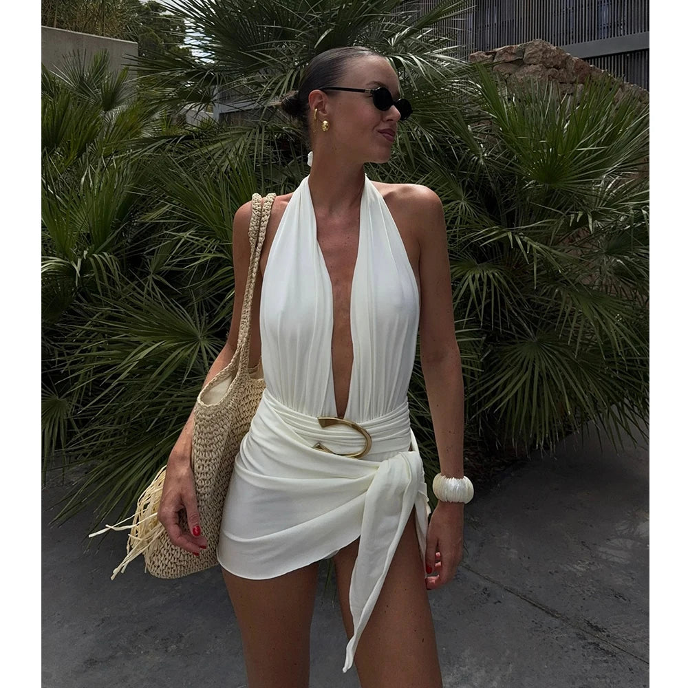Two Pieces Micro Bikini 2026 Sexy Swimsuit Women Halter Swimwear Biquini Female Solid Bodysuit Bathing Suits Sarong Mini Skirt