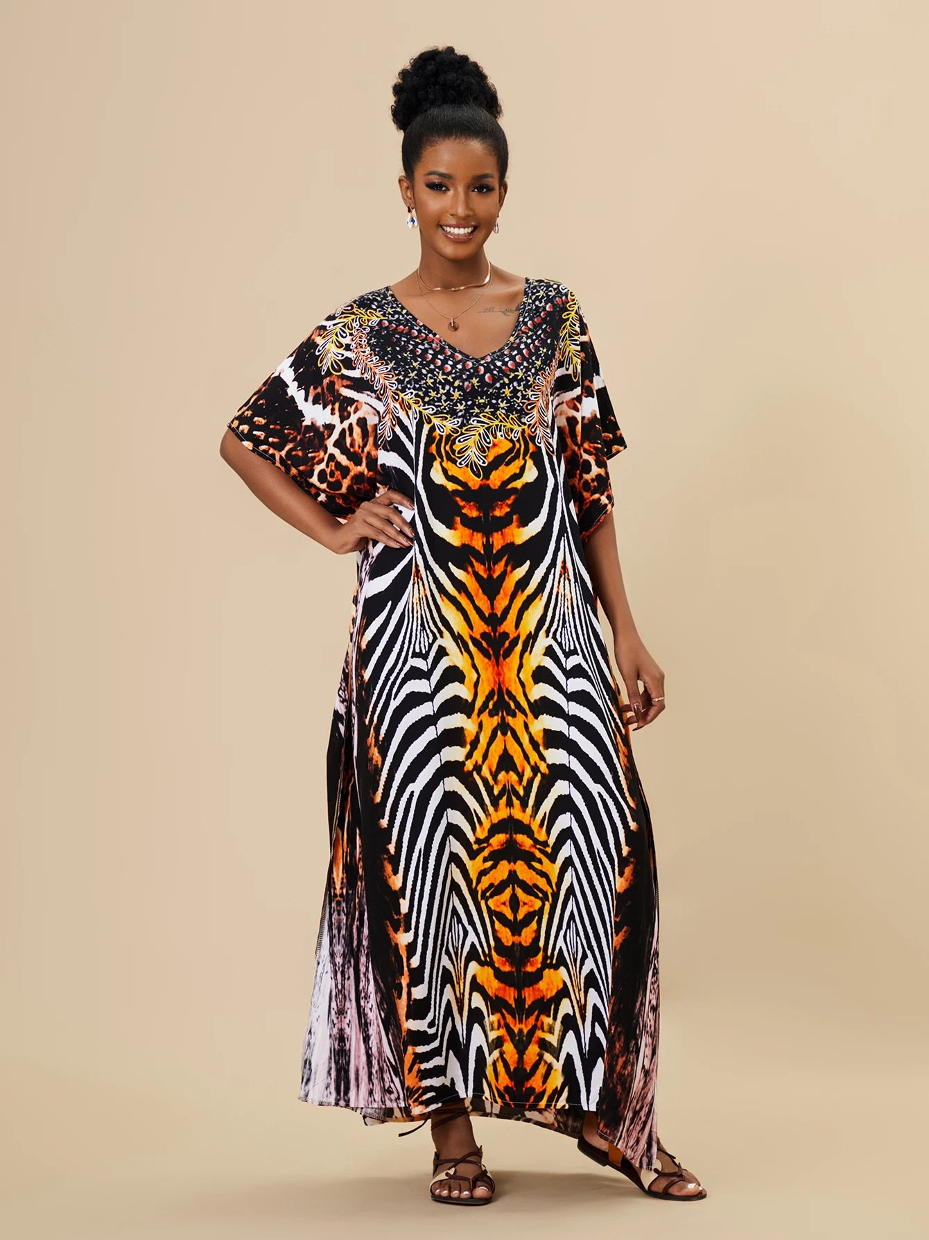 EDOLYNSA 2023 Bohemian Printed Loose Kaftan Casual Summer Vacation Maxi Dress Women Clothing Beach Wear Swim Suit Cover Up Q1469