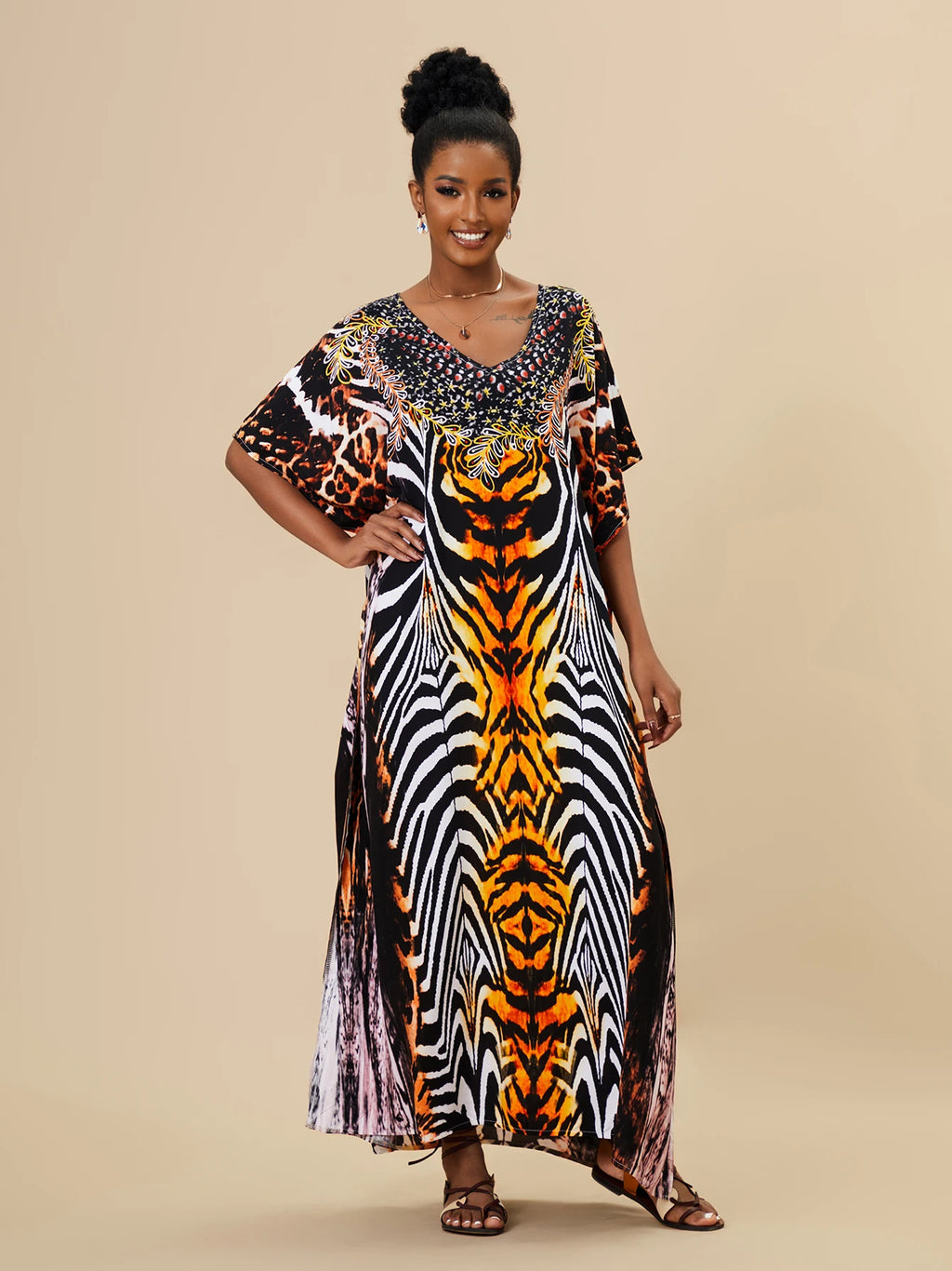 EDOLYNSA 2023 Bohemian Printed Loose Kaftan Casual Summer Vacation Maxi Dress Women Clothing Beach Wear Swim Suit Cover Up Q1469