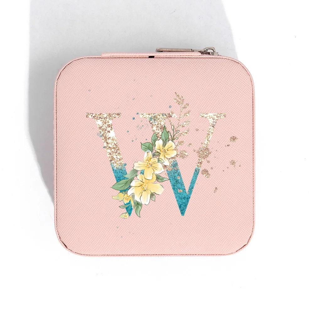 A-Z Alphabet Print Pink Travel Jewelry Organizer with Zipper Closure and Fabric Lining