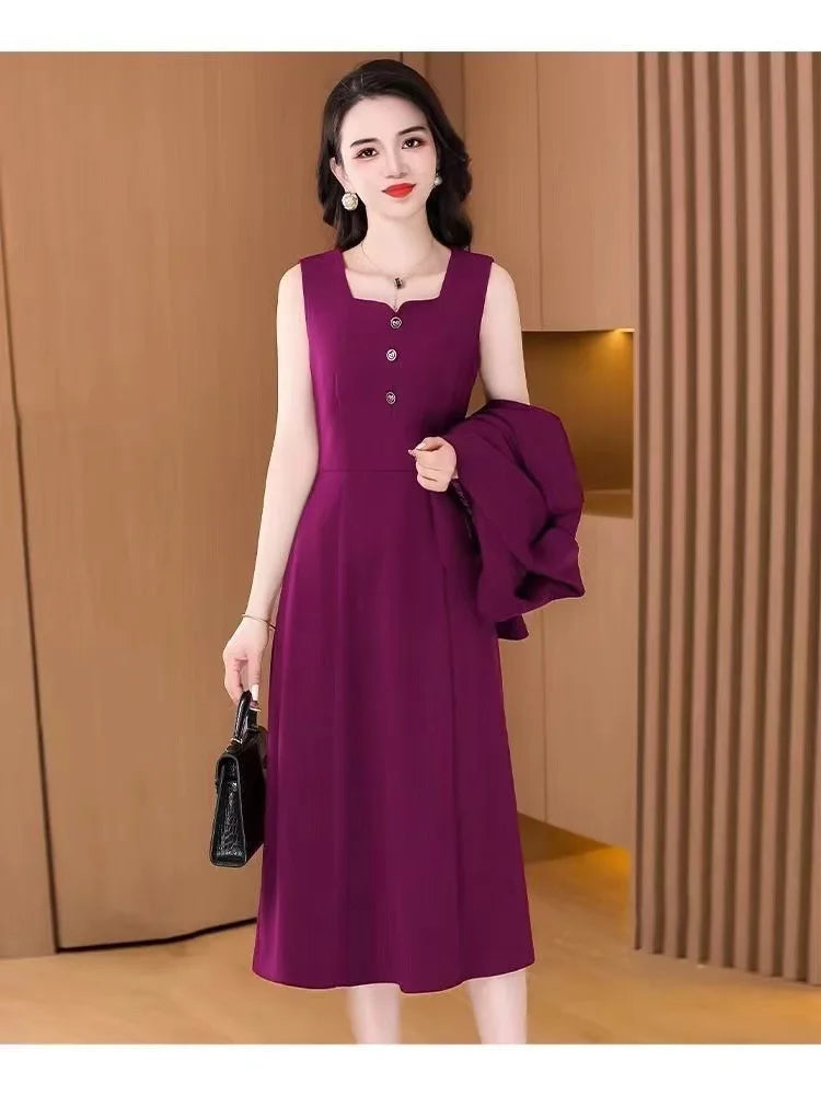 Fashionable Red Two-Piece Set Korean Japanese Style Women's Dress Suit Autumn Spring Lightweight Polyester Commute Style