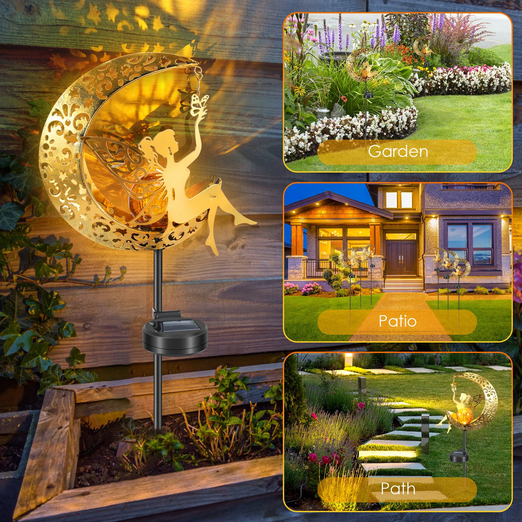Solar Garden Lights Moon Fairy Crackle Glass Stake Lights Waterproof Warm White LED Metal Decorative Lights Outdoor Pathway