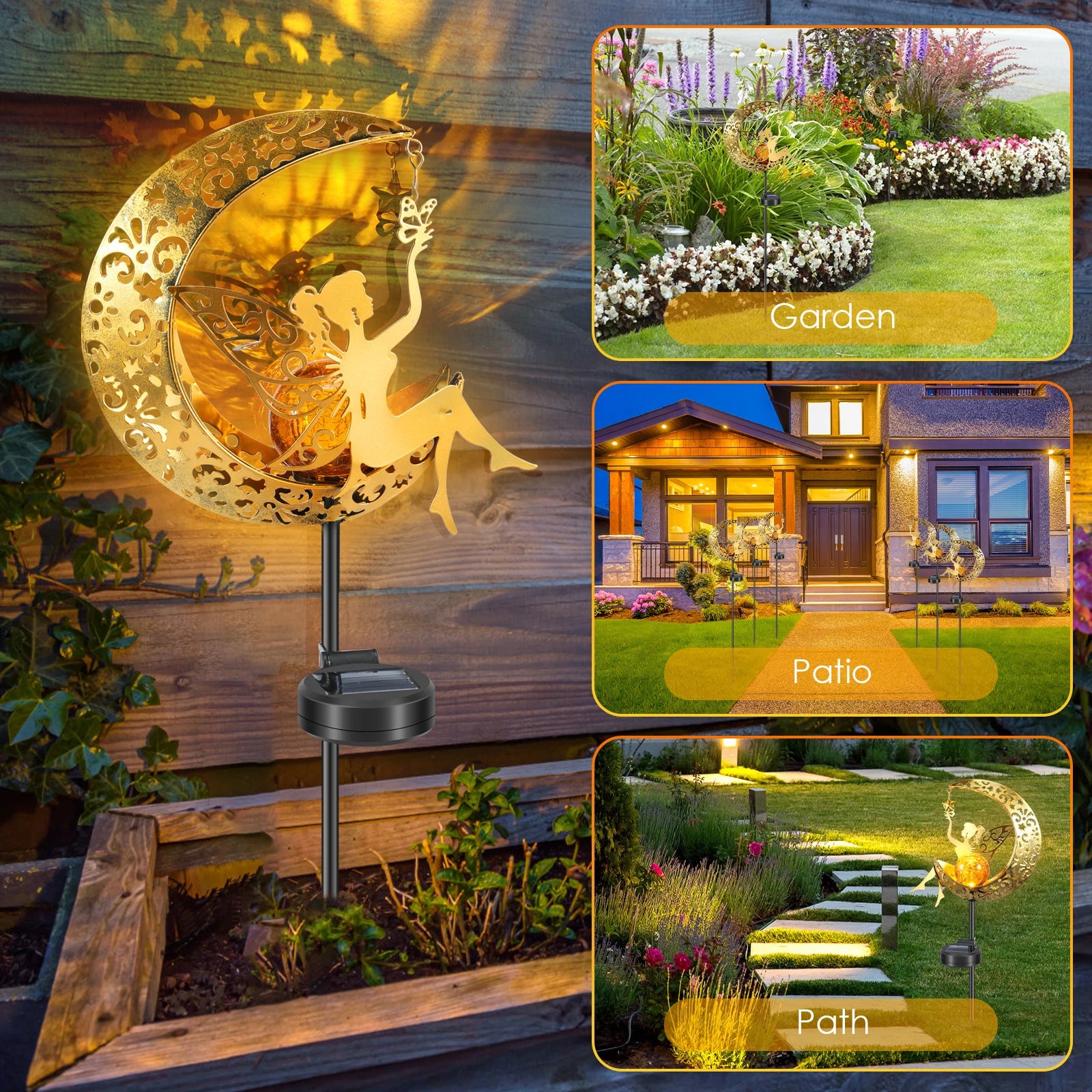 Solar Garden Lights Moon Fairy Crackle Glass Stake Lights Waterproof Warm White LED Metal Decorative Lights Outdoor Pathway